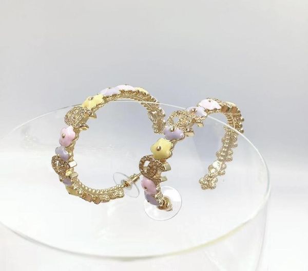 

18k gold plated rhinestone hoop earrings alluring purple light pink flower form fashion brand designer earrings for women weddi7521496, Golden;silver