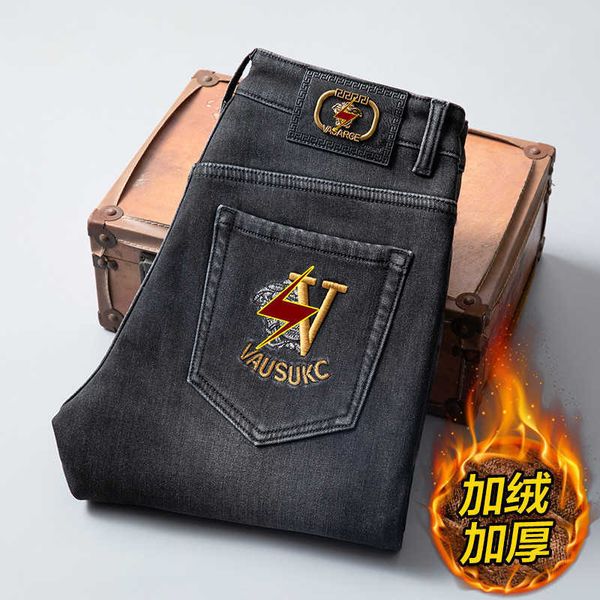 

winter warm men's pants embroidered large brand straight leg elastic high waist, Blue