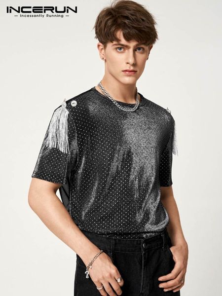 

men's t-shirts men t shirt o-neck short sleeve mesh polka dot print see through tassel casual camisetas stylish tee incerun 5xl 230327, White;black