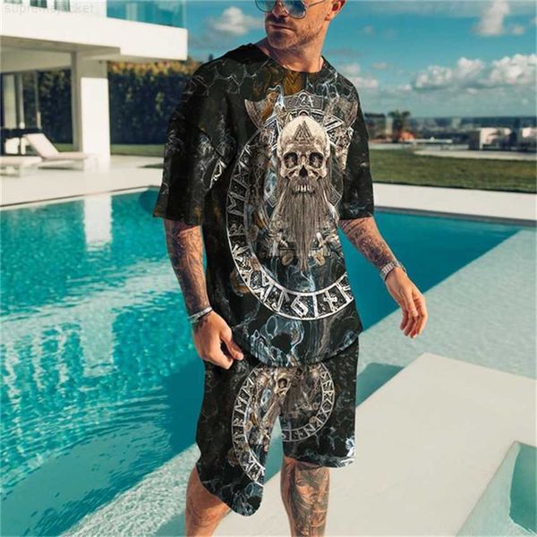 

fashion tracksuit 3d skull print men's summer short sleeve_ beach pants set trendy t-shirt shorts, White;black