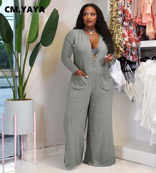

women's plus size jumpsuits rompers cm.yaya women button up straight elastic long sleeve straight jumpsuit streetwear autumn plus size, Black