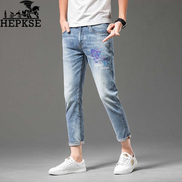 

european high end light blue embroidered cropped jeans men's thin summer fashion trend elastic slim straight tube