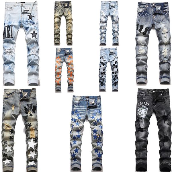 

street womens stretch high amirly hole star patch men's designer star embroidery panel trousers mens jeans slim-fit trousers pants size, Blue