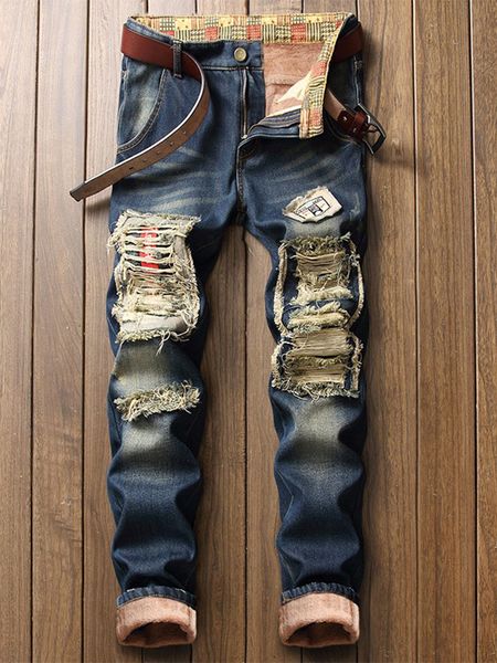 

men's jeans men fall fleece thick jeans slim-fit micro-bounce hip hop fashion cat-beard straight leg denim pants prom party youth men&#, Blue