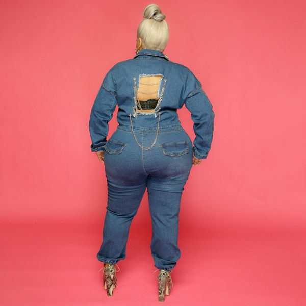

women's plus size pants plus size women jean jumpsuits backless chain v neck outfit female button denim jumpsuit fall ripped pencil pan, Black