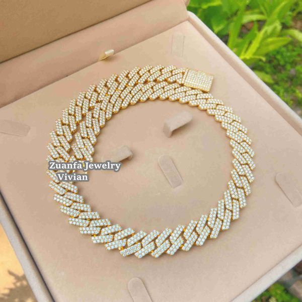 

15mm width fully iced pass tester diamond womens miami cuban silver necklace custom lock vvs moissanite chain