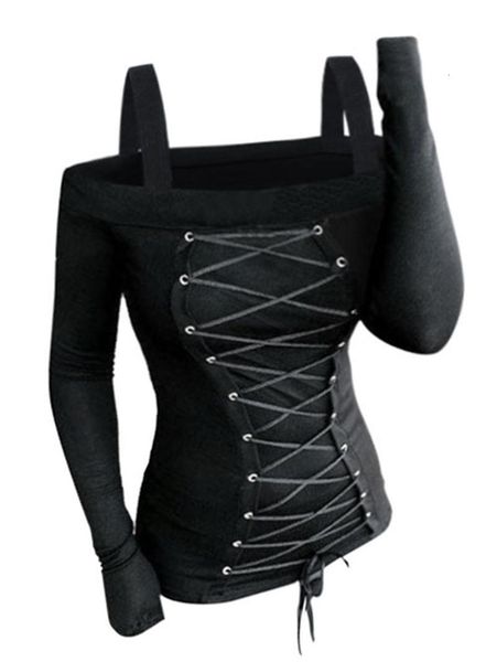 

womens tshirt gothic women casual t shirts cold shoulder laceup front ribbed tshirt solid color long sleeve female fashion tee 230327, White