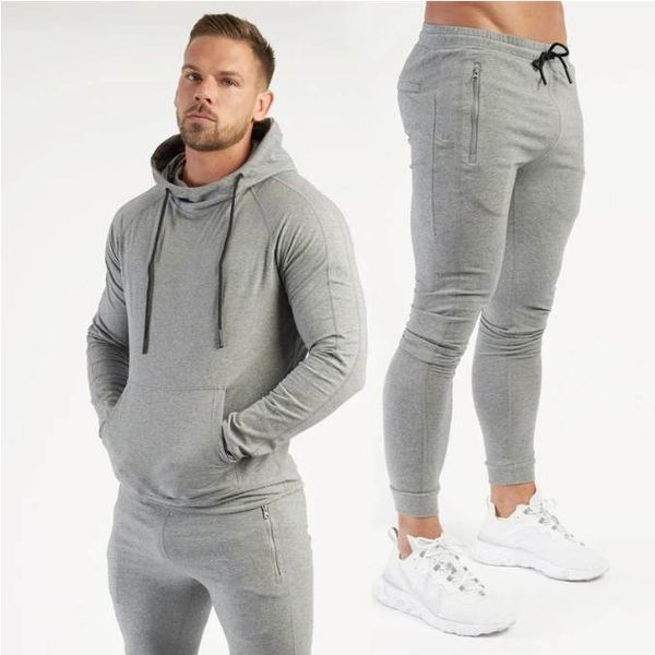 

spring autumn new cotton fashion men's suits streetwear casual pullover hoodie zipper pockets slim fit men's trousers, Gray