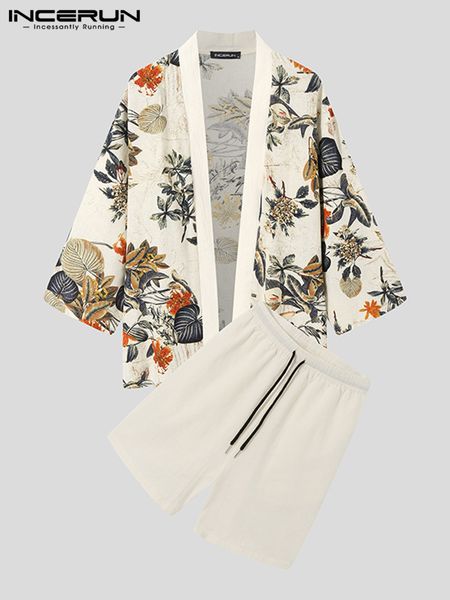 

men's tracksuits printing sets retro half sleeve open stitch shirt kimono shorts two pieces streetwear cotton casual suits incerun 7 23, Gray
