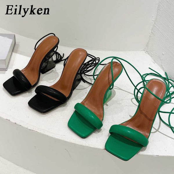 

ankle strap green women's strange style transparent high heels sandals square toe female sandalias de mujer 230306, Black