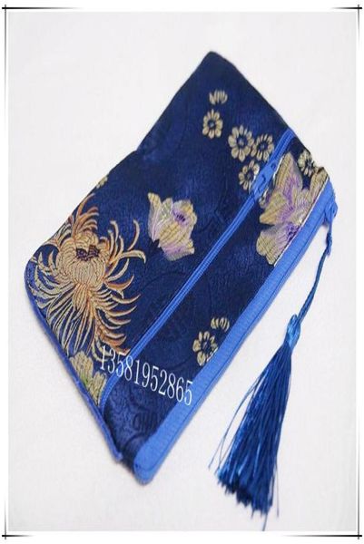 

large double zipper zone travel jewelry storage bag tassel chinese silk brocade coin purse phone wallet makeup packaging bag 2pcs8990260, Pink;blue