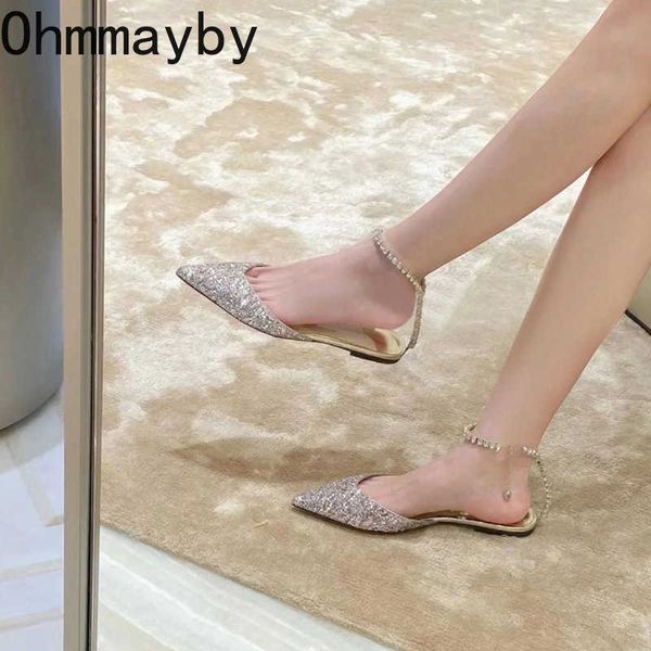 

design rhinestone chain woman sandals fashion pointed toe flats heel glitter singbacks beach vacation sandalias shoes 230327, Black