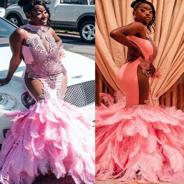 

2023 arabic aso ebi mermaid pink prom dresses beaded crystals feather evening formal party second reception birthday engagement gowns dress, Black