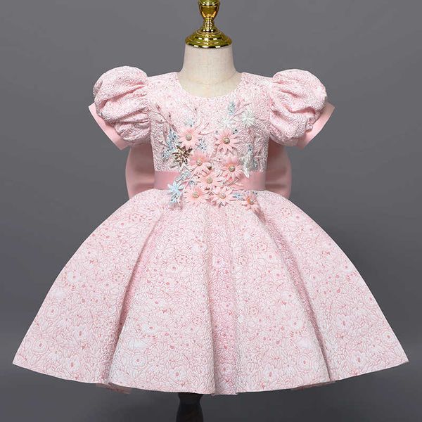 

girl's dresses elegant flower applique girls dress for wedding bubble sleeve birthday gown kid party dresses for girl bridesmaid prince, Red;yellow