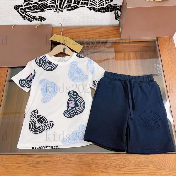 

college style boys t shirts sets summer sports sets cotton t shirts bear printing doodle design tracksuits high end children beach shorts si, White