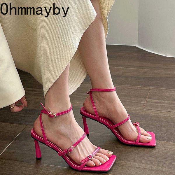 

2023 new arrival fashion design square toe woman sandals ankle strap high heel narrow band sandalias shoes 230327, Black