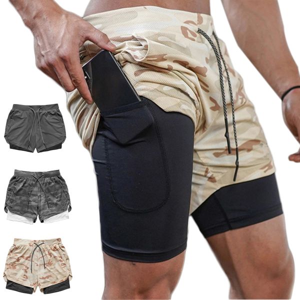 

mens shorts outdoor camo running 2 in 1 doubledeck quick dry fitnes jogging workout men sports short pants easy to carry sweat towel 230327, White;black