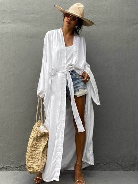 

women's swimwear solid beach cover up women self belted wrap kimono dress swimsuit robe summer beachwear factory supply 230327, White;black
