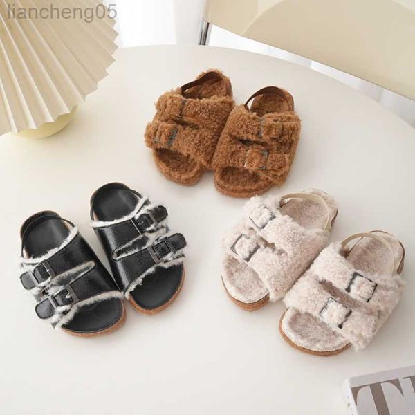 

sandals children fur slippers slip on boys shoes plush winter slides open toe sandals comfortable floor shoes cork girls princess shoes w032, Black;red