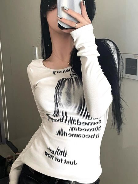 

women's tshirt houzhou harajuku graphic women tshirts grunge y2k streetwear retro slim cropped long sleeve tees open shoulders 23327, White