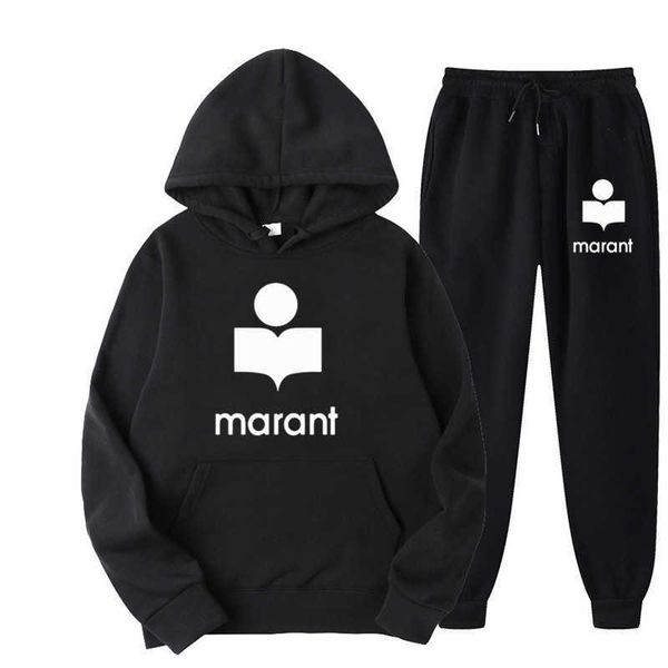 

autumn and winter tide brand marant casual printing men's and women's fleece sweater set hoodie sweatshirt, Black