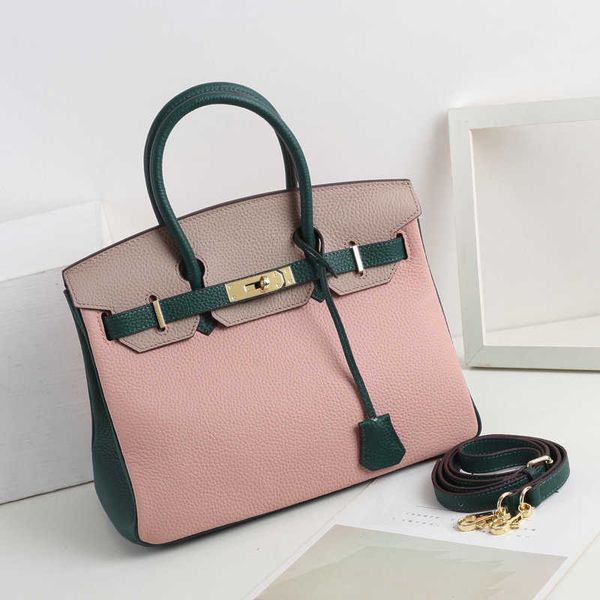 

genuine h ermes birkins handbag new genuine leather bag lychee pattern cowhide handbag fashionable color-blocking one-shoulder diagonal cros