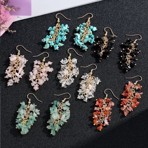 

fashioncoloful natural stone bead tassel cluster earrings for women, Golden;silver