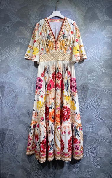 

spring and autumn palace style dress temperament deep v-neck waist slim single breasted print a-line elegant swing long dress, Black;gray