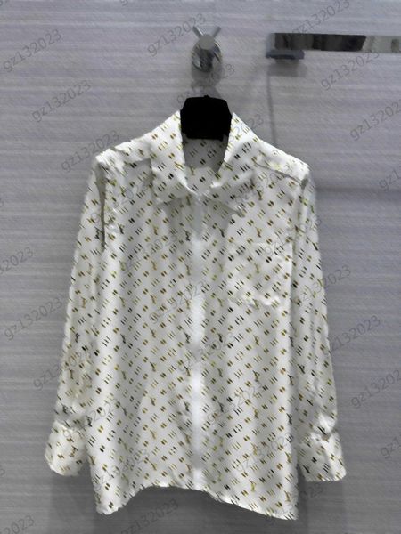 

women blouses luxury brand logo jacquard front pocket lapel shirts twill silk fabric zipper open long sleeves blouses blouses designer for w, White