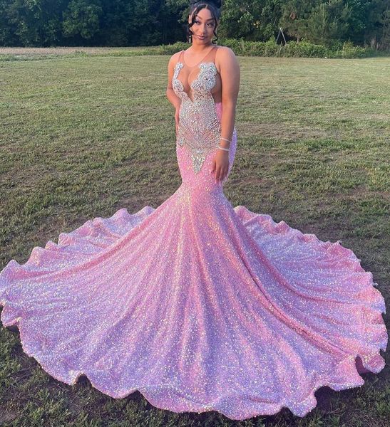 

luxury pink long prom birthday dress 2023 mermaid style sheer mesh luxury silver diamond black girls sequined pageant evening gown robe de s