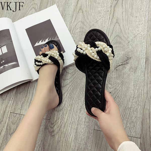 

slippers summer women trend weaving pearl flip flop sandals girls beach open toed luxury designer casual soft flats slipper 230327, Black