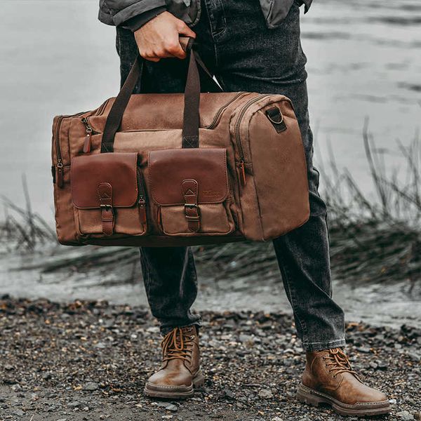 

duffel bags fashion canvas travel duffle bag men hand luggage bag leather shoulder diagonal bag weekend bags tote bags for women j230327