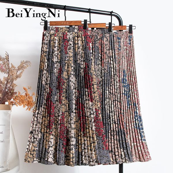 

skirts beiyingni women floral printed vintage casual korean pleated midi retro kawaii harajuku fashion faldas female jupe 230327, Black