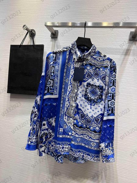 

womens blouses fashion color scheme floral logo printed lapel long sleeves shirts button open spring and autumn style personality designer b, White