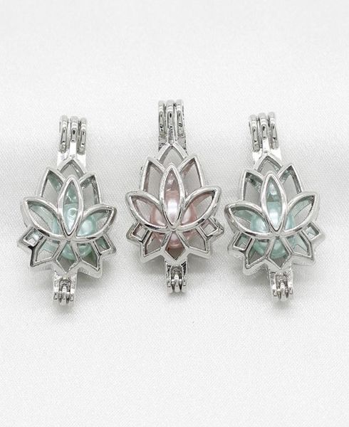 

10pcs hollow lotus flower pearl cage lockets diffuser cage pendant necklace jewelry making supplies for perfume essential oil9173672, Silver