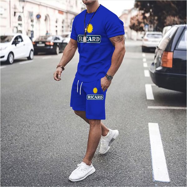 

men's tracksuits summer men sets tracksuit t shirt men clothing fashion france ricard soild color suit male man vintage sportswear shor, Gray