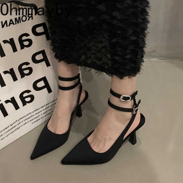 

2023 new women pumps shallow pointed toe double buckle stripper heels mules ladies sandals shoes 230327, Black