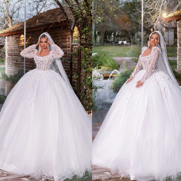 

princess beaded wedding dress pearls lace long sleeves bridal gowns square collars robe de mariee, White