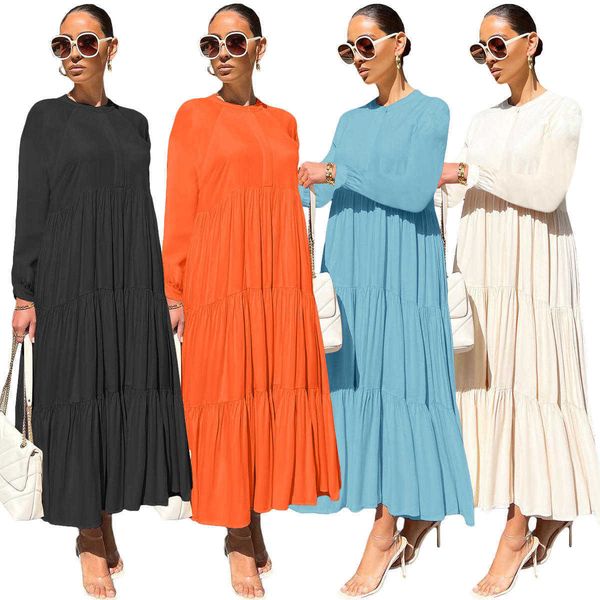 

women fall 2023 clothes dresses solid color stitching long sleeve oversized maxi ladies elegant pleated dress, Black;gray