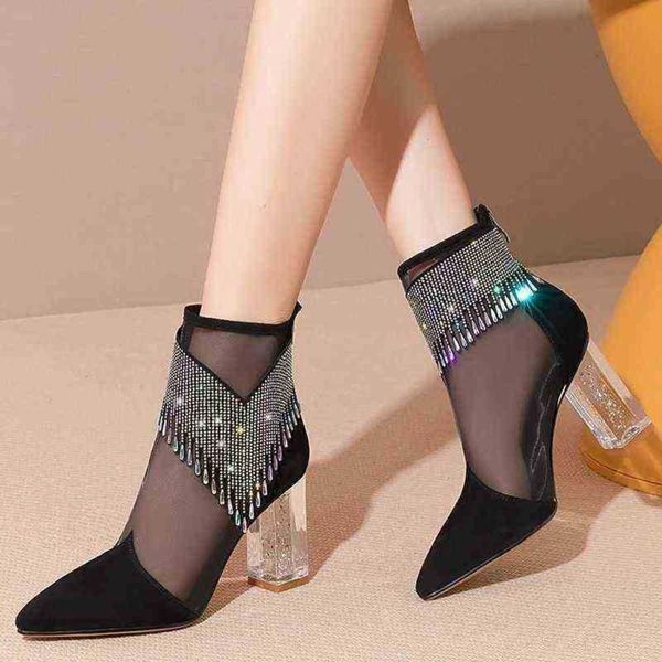 

women boots spring 2022 new thick heel rhinestone mesh hollow out crystal high heels fashionable short boot 07091011, Black