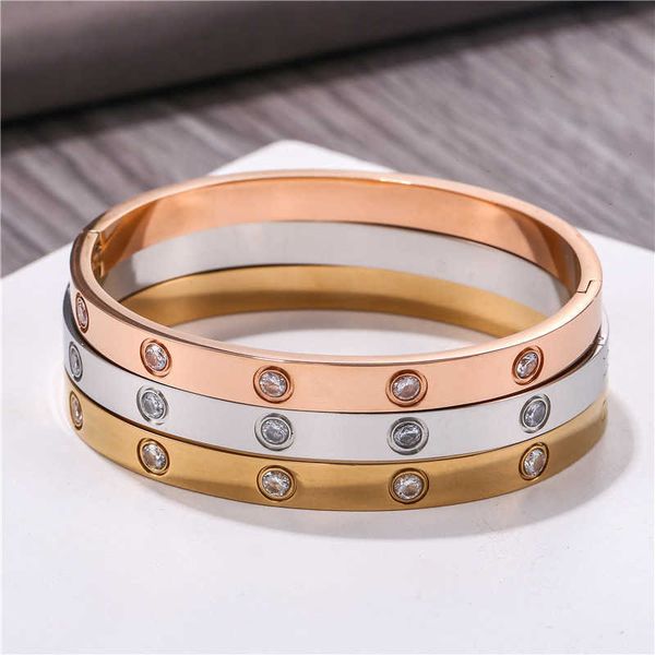 

charm bracelets bangle stainless jewelry korean love full buckle couple ten drill titanium steel bracelet, Golden;silver