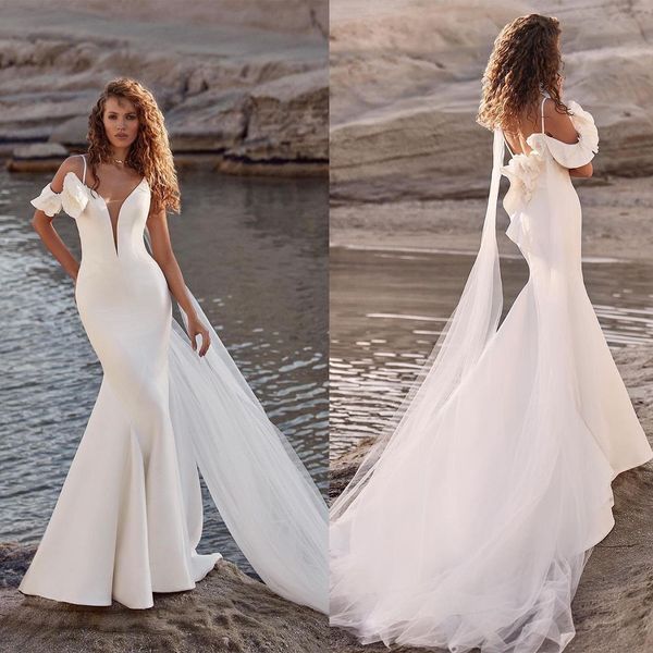 

summer boho mermaid wedding dresses satin ruffles off shoulder short sleeve bride dress backless bohemian bridal gowns, White