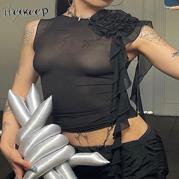 

women's t-shirt weekeep mesh transparent crop ruffles floral stitched black t-shirts women fashion sleeveless club party tee 2023 summe, White
