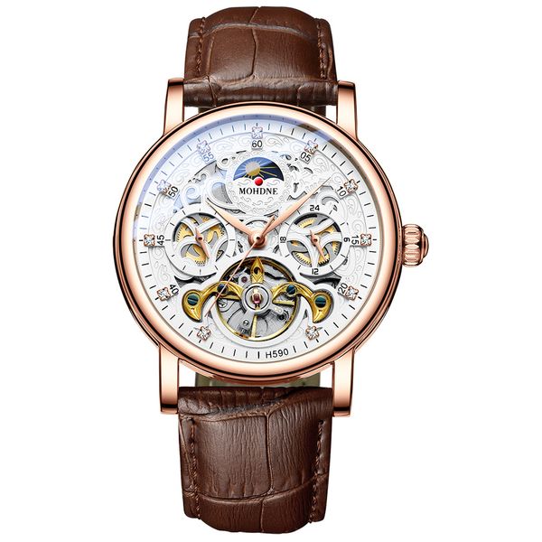 

5 pcs business men's mechanical watch hollowed out waterproof, Slivery;brown