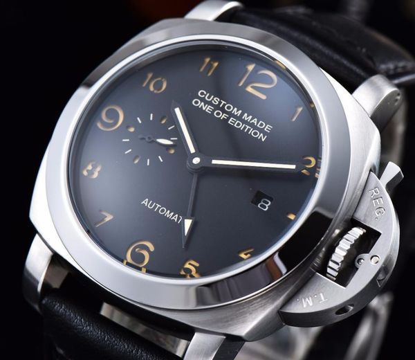 

0 0 wristwatches seagull automatic movement 44mm watch silver 316l stainless steel case luminous hands black leather strap 415-5, Slivery;brown