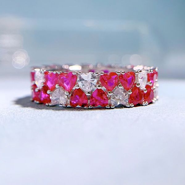

heart ruby diamond ring 100% real 925 sterling silver party wedding band rings for women bridal promise engagement jewelry, Slivery;golden