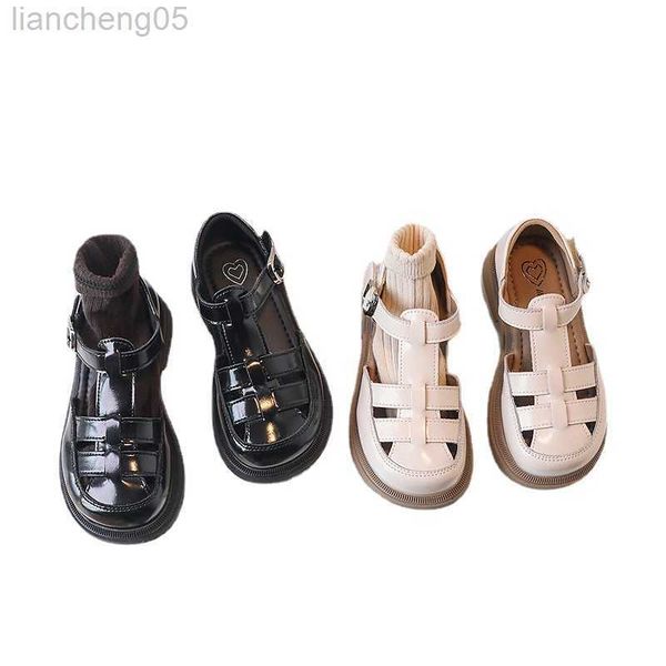 

sandals childrens half sandals boys girls toes capped leather shoes spring summer kids cutouts hollow sandals anti-kick toe-cover w0327, Black;red