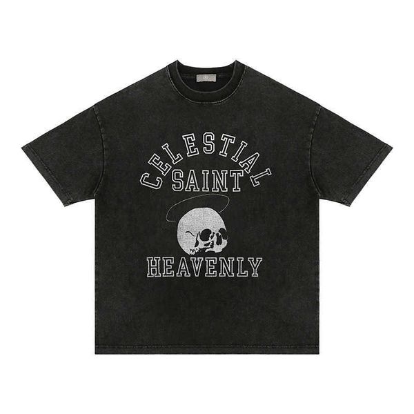 

designer fashion saint michael t shirt fried color washing letter skull print loose short sleeve tee, White;black