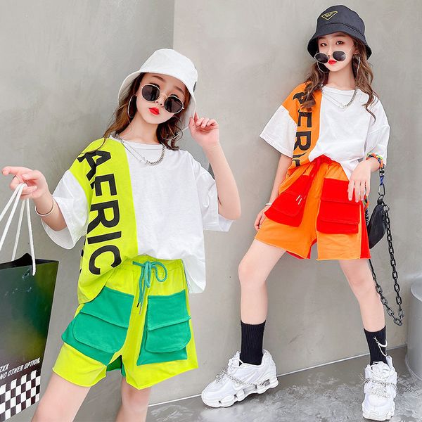 

clothing sets summer teen girls tshirtcargo shorts fashion patchwork hip hop performance suits children teenager 6 8 10 12 14y 230327, White