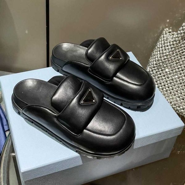 

triangle buckle padded leather slippers women mule platform slides summer sandal shoes slip-on thick bottom flats luxury designer slider bea, Black